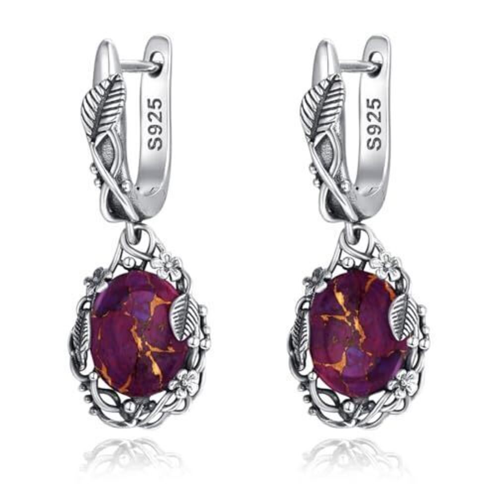 1847 Oval Purple Turquoise Dangle Earrings Leaf Vine Flower Latch Back 925